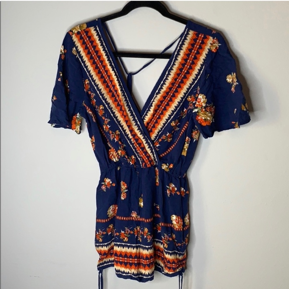 Band of gypsies navy blue orange floral romper M